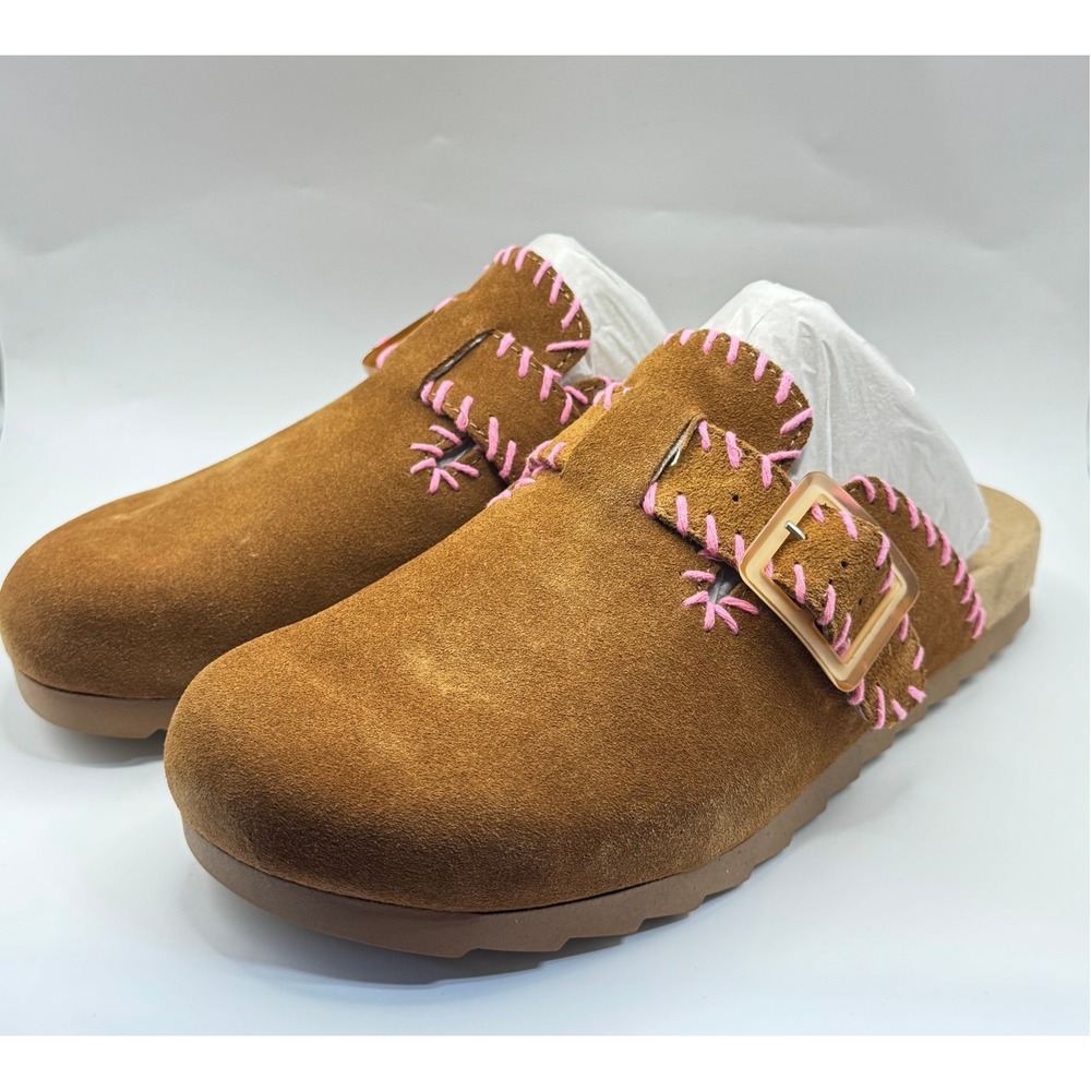 NIB Earth Gena Mules 9.5 M Medium Brown Suede Pink Whipstitch Buckle NEW